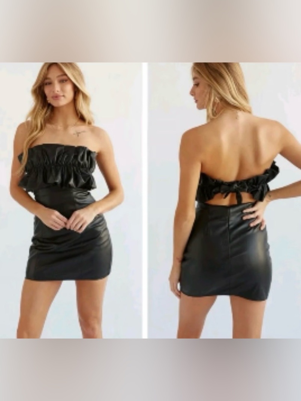 DO+BE Black Strapless Faux-Leather Ruffle Mini Dress size small cutout bow